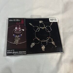 METALLA Solid Pewter 6 Wine Glass Charms Attach To Stemware W/ Holding Ring Ne13